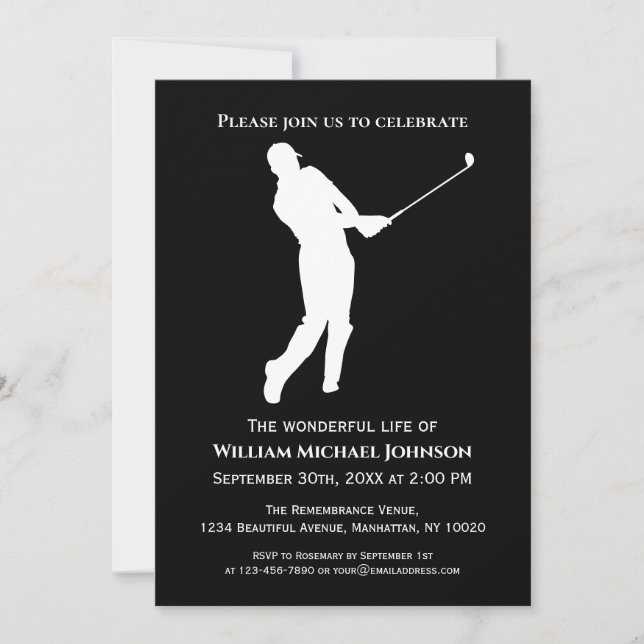 Invitation Funéraire Joueur de golf Memorial noir et blanc (Devant)