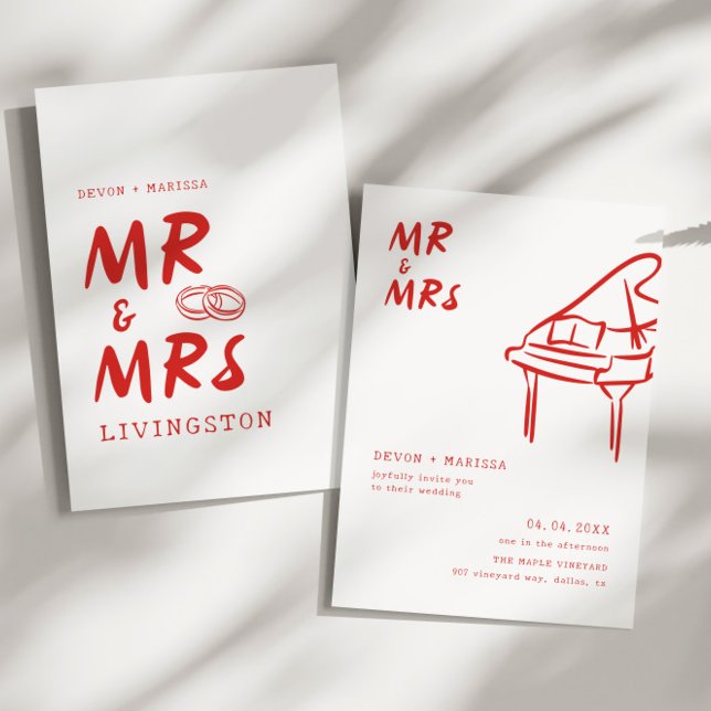 Invitation Funky Fun Retro Rouge Mr & Mrs Mariage illustré (Créateur téléchargé)