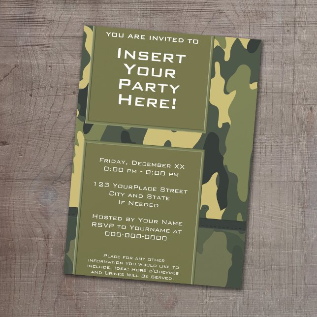 Invitation Funky Party - Dark Green Camouflage militaire (Camouflage Birthday Party, Military graduation or cocktail party invitation.)