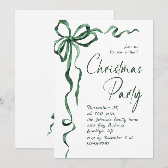 Invitation Funky Whimsical Christmas Green Bow Holiday Party (Devant / Derrière)