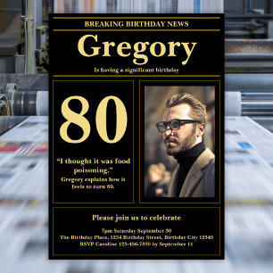 Invitation Funny 80e anniversaire Retro Black Gold Newspaper
