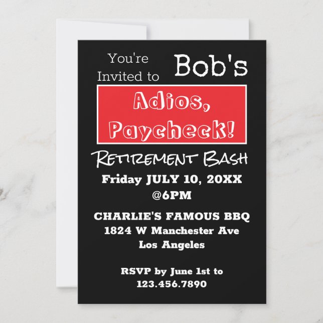 Invitation FUNNY Adios, Paycheck Papa Retraite Party (Devant)