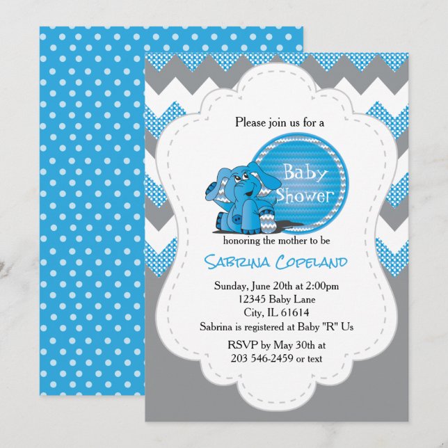Invitation Funny Blue Chevron Silly Elephant | Baby shower (Devant / Derrière)