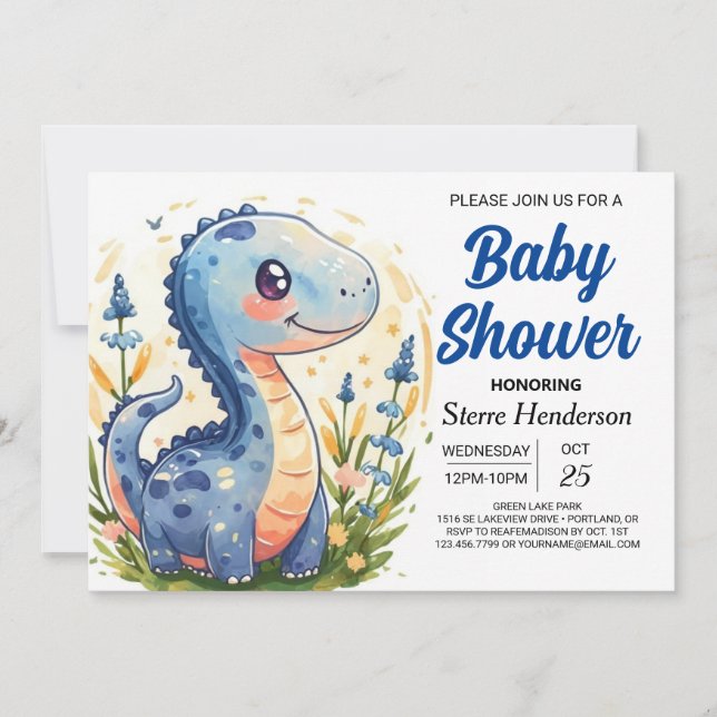 Invitation Funny Enchanted Blue Dinosaur Baby shower garçon (Devant)