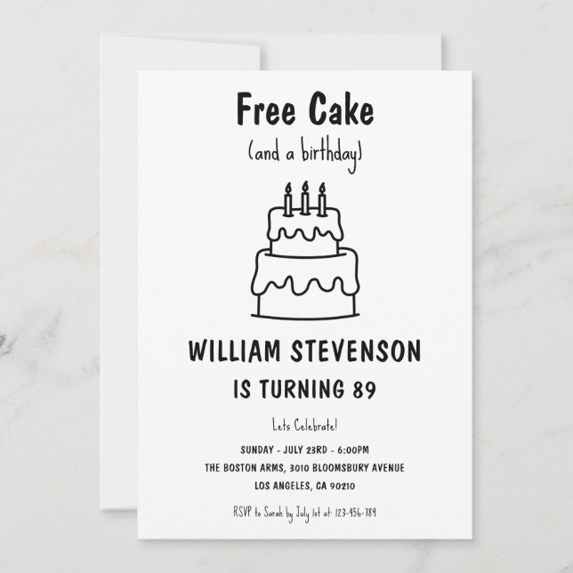 Invitation Funny Free Cake Joke Simple Quirky 89e anniversair (Devant)