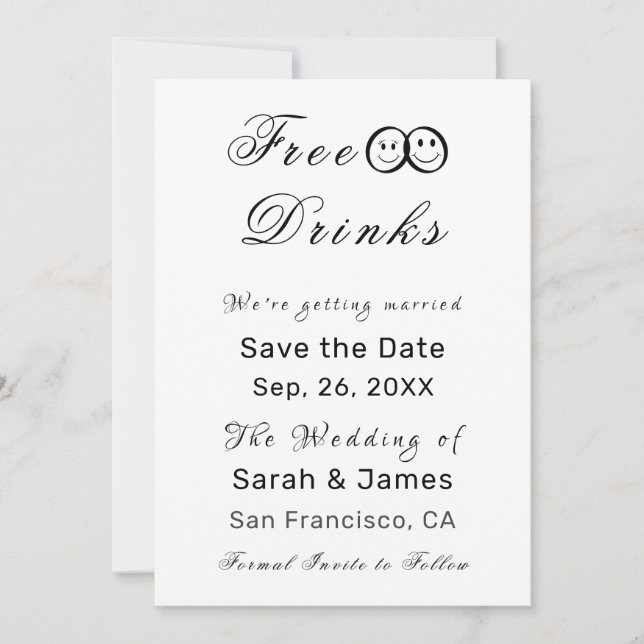 Invitation Funny Free Drink Photo Wedding Save the Date (Devant)