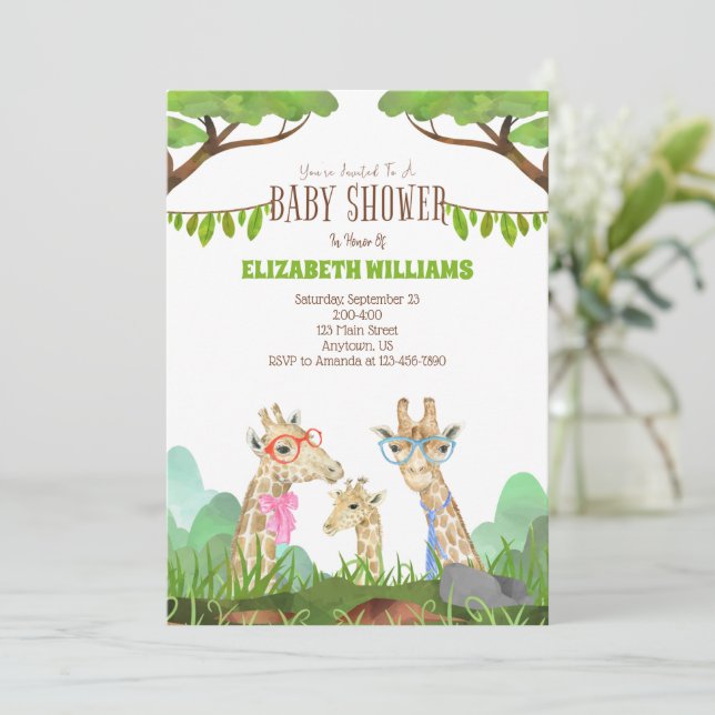 Invitation Funny Giraffe Famille Safari Baby shower Invitatio (Debout devant)