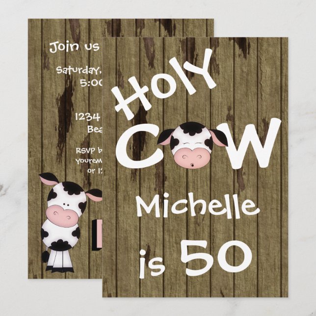Invitation Funny Holy Cow 50th Humorisore Birthday Party (Devant / Derrière)