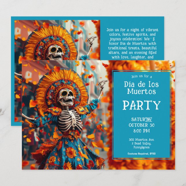 Invitation 💀 Funny La Calavera en robe fleurie (Devant / Derrière)