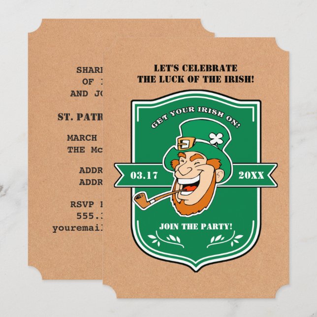 Invitation Funny Leprechaun Badge St. Patrick's Day Party (Devant / Derrière)