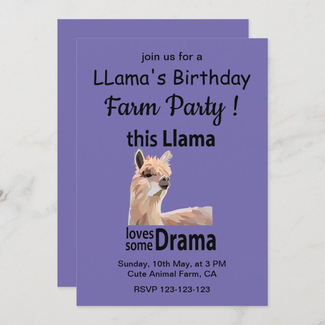 Invitation Funny Llama Animal Anniversaire de la ferme (Devant / Derrière)