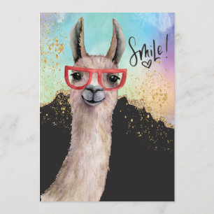 Invitation Funny Llama Parties scintillant Mariage aquarellé