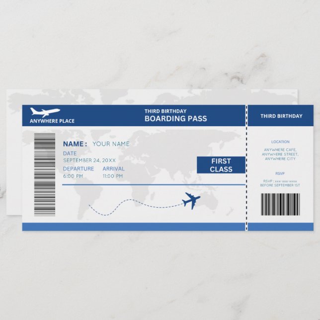 Invitation Funny passport, boarding pass ticket 3rd birthday (Devant / Derrière)