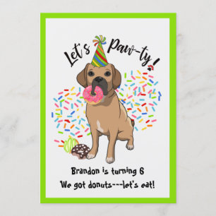 Invitation Funny Puggle Dog Donuts fête d'anniversaire
