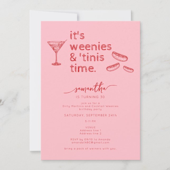 Invitation Funny Red Pink Weenies & Tinis Martini Anniversair (Devant)