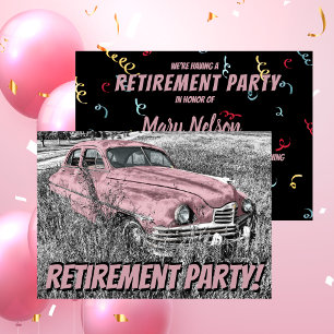 Invitation Funny Retraite Party Antique Voiture rose