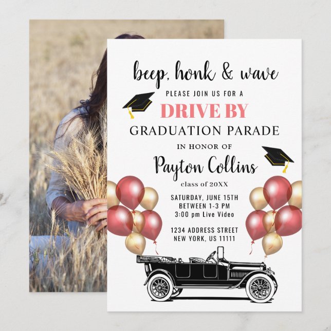 Invitation Funny Retro Car DRIVE PAR PHOTO Graduation Party (Devant / Derrière)
