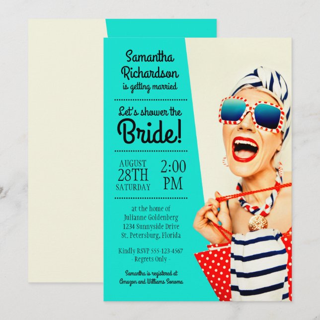 Invitation Funny Retro Stylish Beach Lady Fête des mariées (Devant / Derrière)