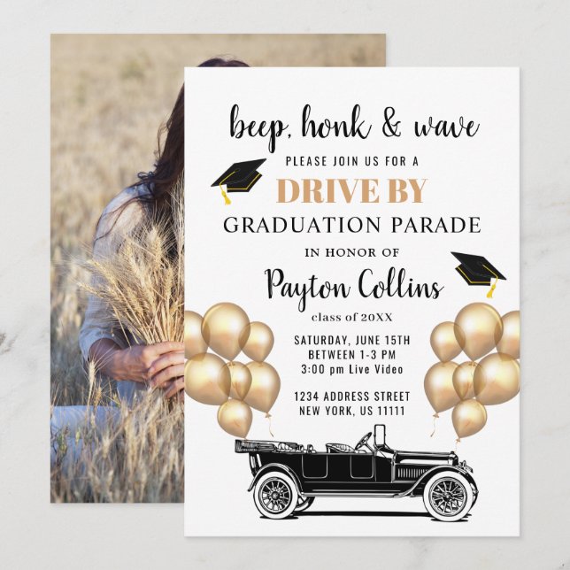 Invitation Funny Retro Voiture DRIVE BY PHOTO Graduation Part (Devant / Derrière)