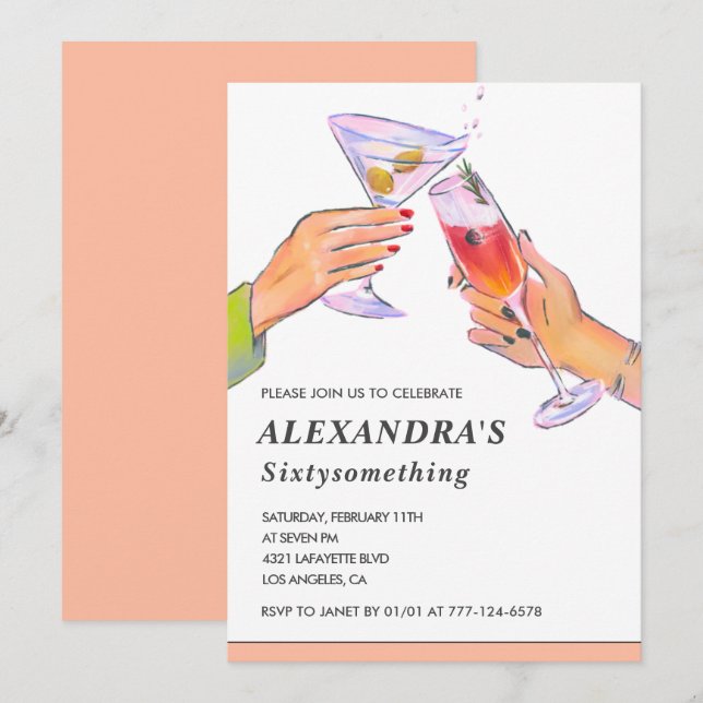 Invitation Funny Rose Gold Cocktail Champagne 63e anniversair (Devant / Derrière)