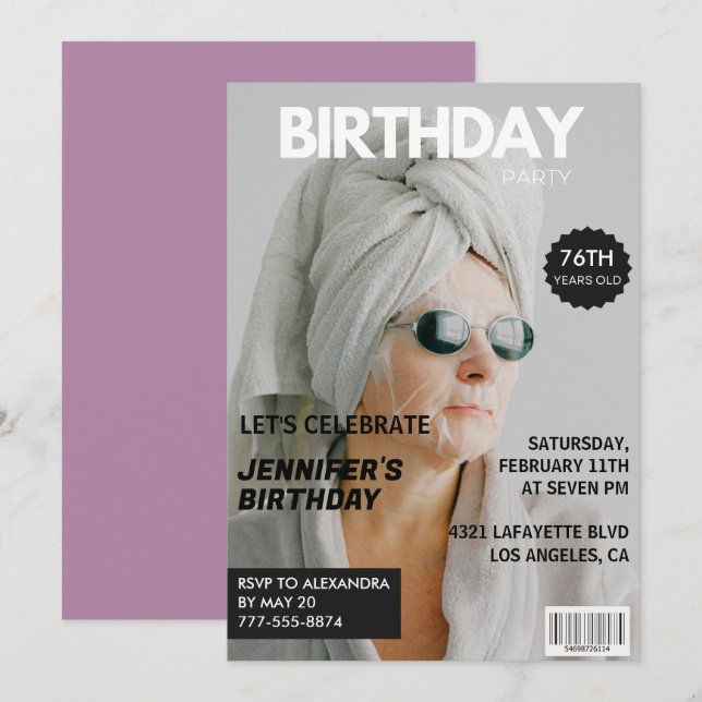 Invitation Funny Stylish Photo Magazine 76e anniversaire (Devant / Derrière)