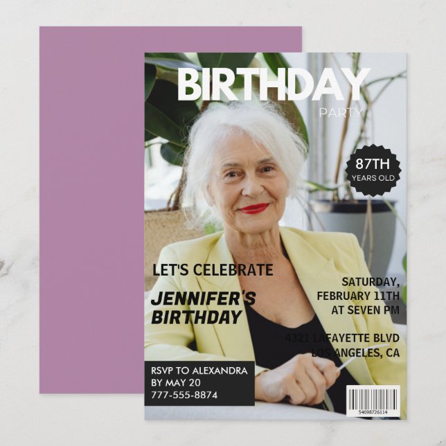 Invitation Funny Stylish Photo Magazine 87e anniversaire (Devant / Derrière)