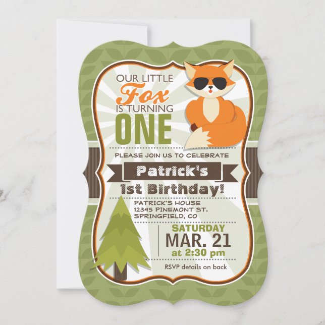 Invitation Funny Woodland Fox avec lunettes de soleil Anniver (Devant)