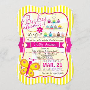 Invitation Fuschia Baby shower de fille papillon rose et jaun