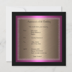 Invitation Fuschia Bronze Glamor sur l'anniversaire noir