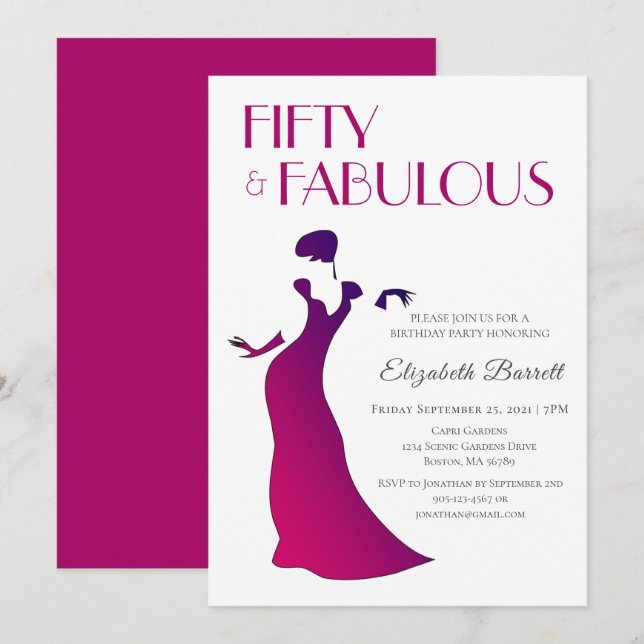Invitation Fuschia rose Elégant Cinquante et Fabrique Anniver (Devant / Derrière)
