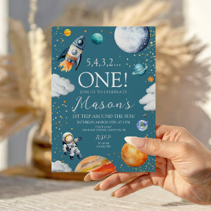 Invitation Fusée de premier anniversaire bleu sarcelle pour l