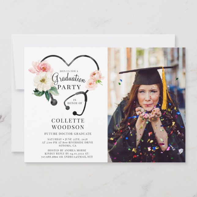 Invitation Futur Docteur Grad Party Photo Floral Stethoscope (Devant)