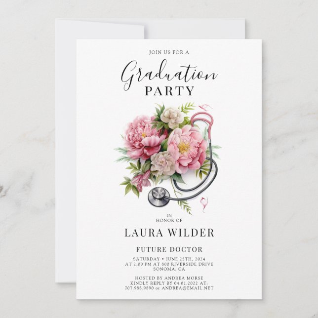 Invitation Futur Docteur Pink Floral Stethoscope Graduation (Devant)