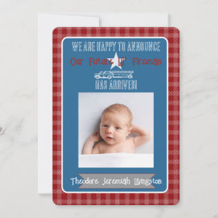 Invitation Futur petit pompier - Annonce de naissance gingham