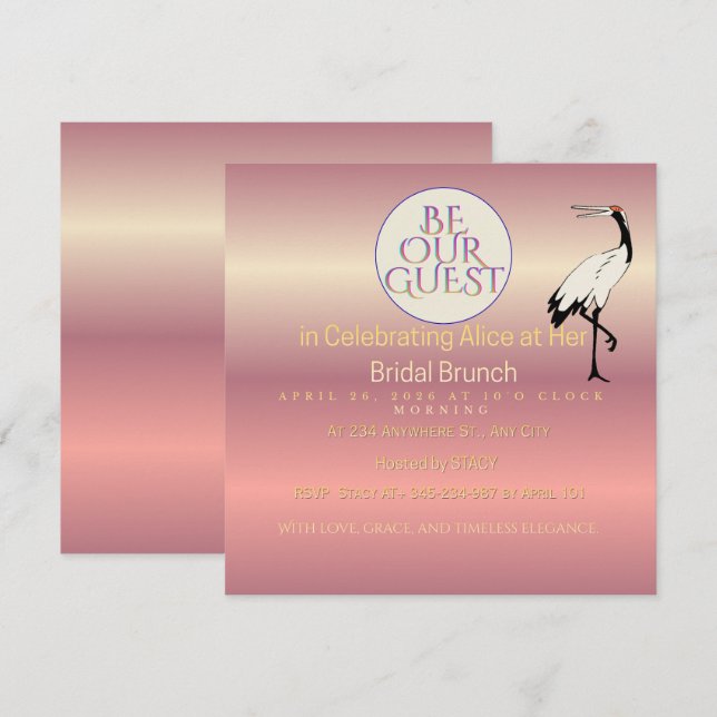 Invitation 'Future mariée' avec feuillage rose et  (Devant / Derrière)