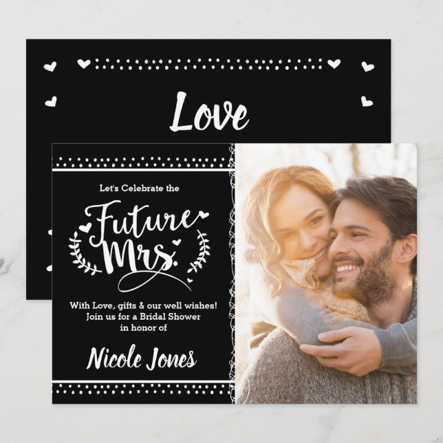 Invitation FUTURE MRS. Photo Fête des mariées noir et blanc (Devant / Derrière)