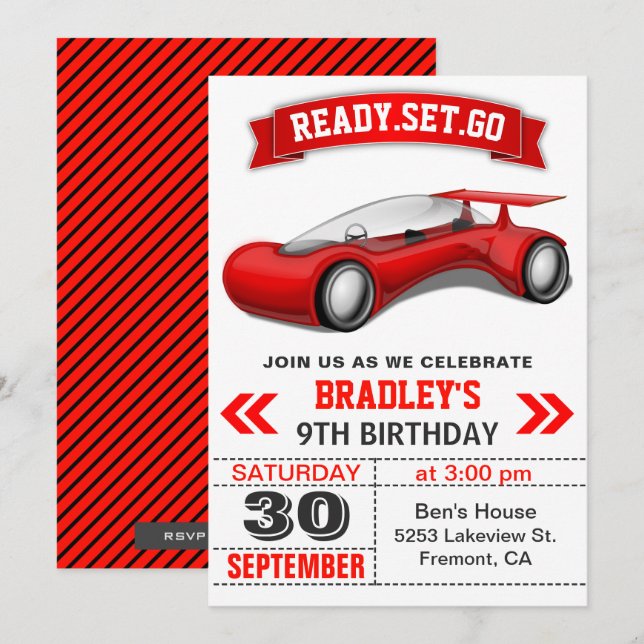 Invitation Futuriste moderne Red Sports voiture fête d'annive (Devant / Derrière)