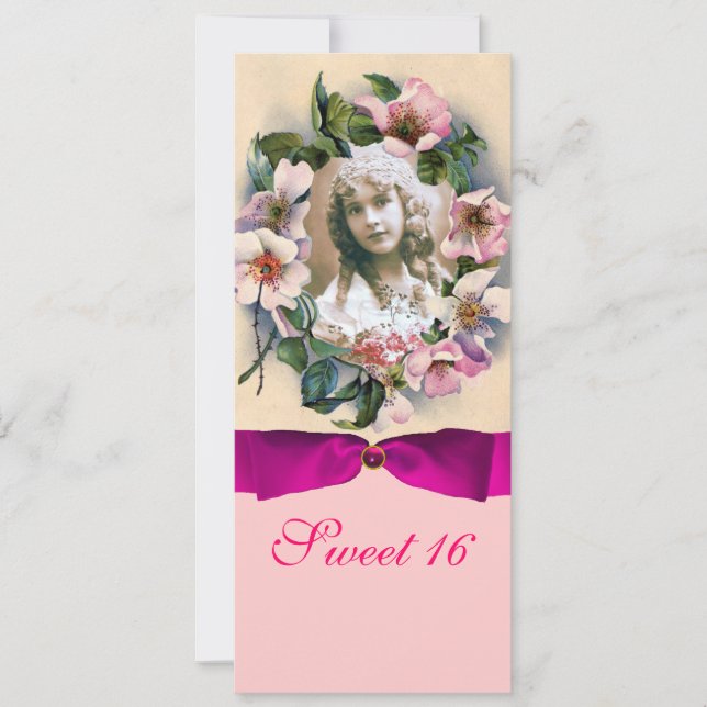 INVITATION GABARIT DE PHOTO AVEC ROSES SAUVAGES ET RUBAN ROSE (Devant)
