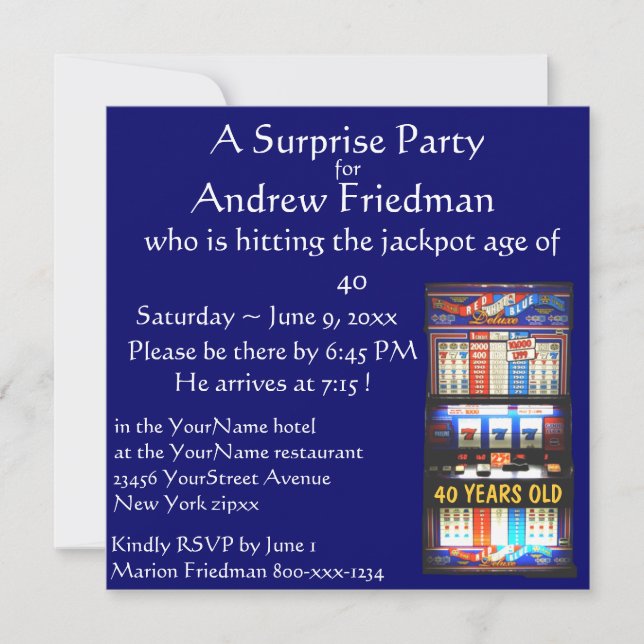 Invitation Gagnant de fête d'anniversaire de machine à sous (Devant)