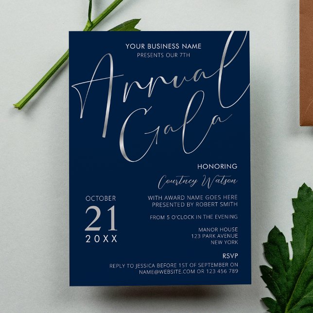 Invitation Gala annuel de l'Elegant Navy & Silver Business Pa (Elegant navy blue and faux silver gala night invitations with calligraphy fonts and your logo)