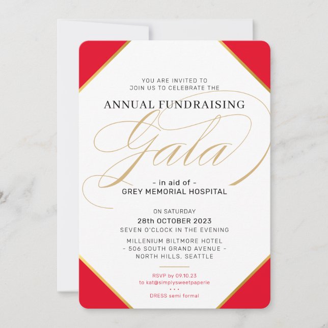 Invitation GALA BALL DE FOND événement élégant régal or rouge (Devant)