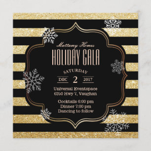Invitation Gala de Gala Black & Gold Stripes Snowflakes