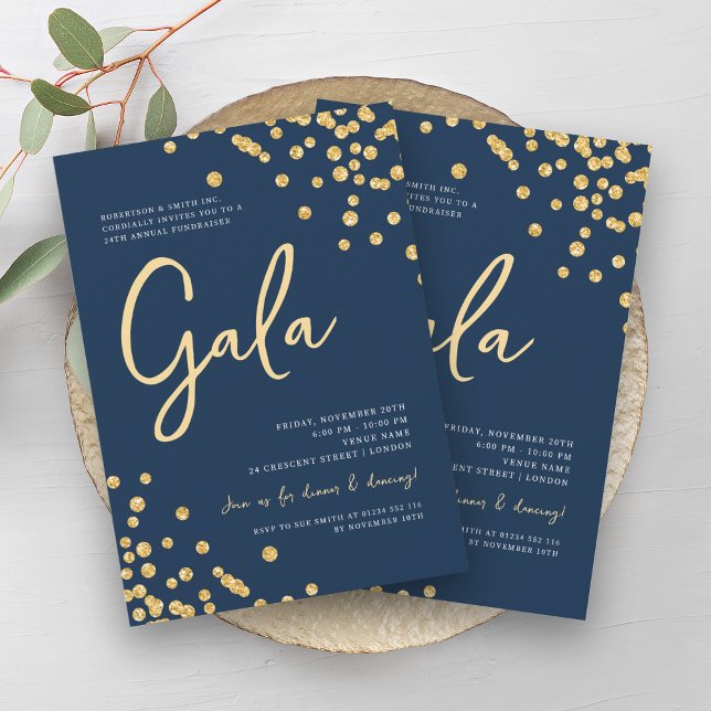 Invitation Gala d'entreprise officiel Parties scintillant d'o (Formal Corporate Gala Gold Glitter Confetti Navy Invitation)