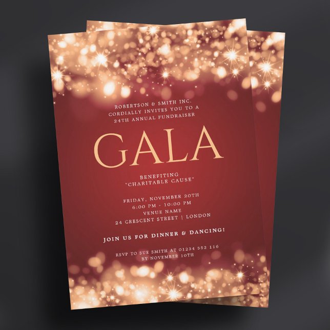 Invitation Gala d'entreprise officiel Red Gold Lumières (Formal Corporate Gala Red Gold Sparkling Lights Invitation)