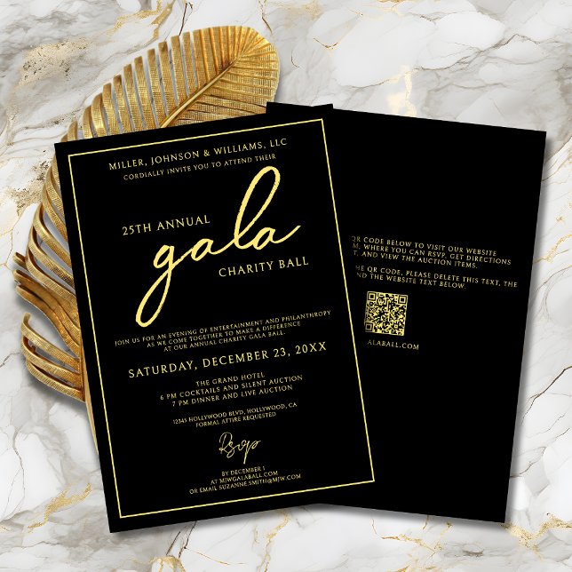 Invitation Gala événement Charity collecte de fonds Elegant B (Charity Gala Ball Fundraiser Black and Gold Invitation with Script Calligraphy, QR Code.)