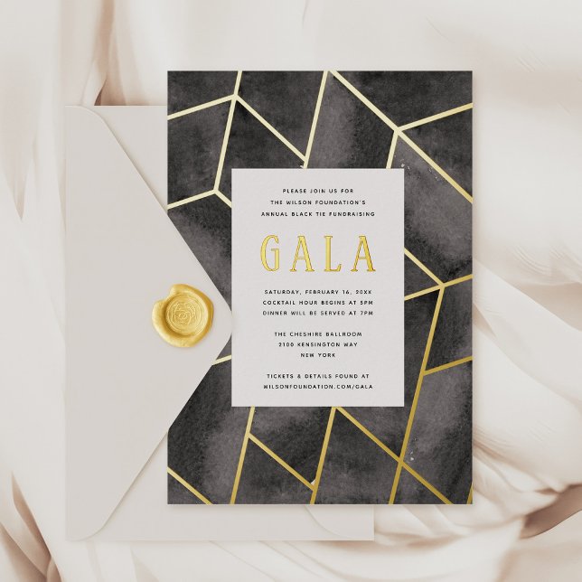 Invitation Gala Géométrique Noir Gold Foil (Black watercolor and gold foil Geometric Gala Invitation)
