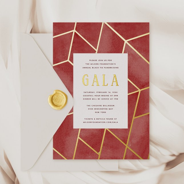 Invitation Gala Géométrique Rouge Gold Foil (Red watercolor and gold foil Geometric Gala Invitation)