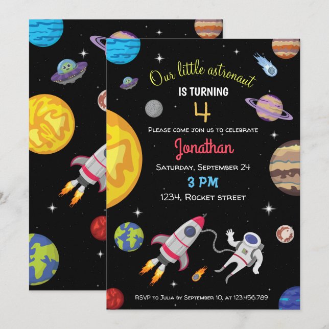 Invitation Galaxie astronaute spatiale planètes anniversaire (Devant / Derrière)