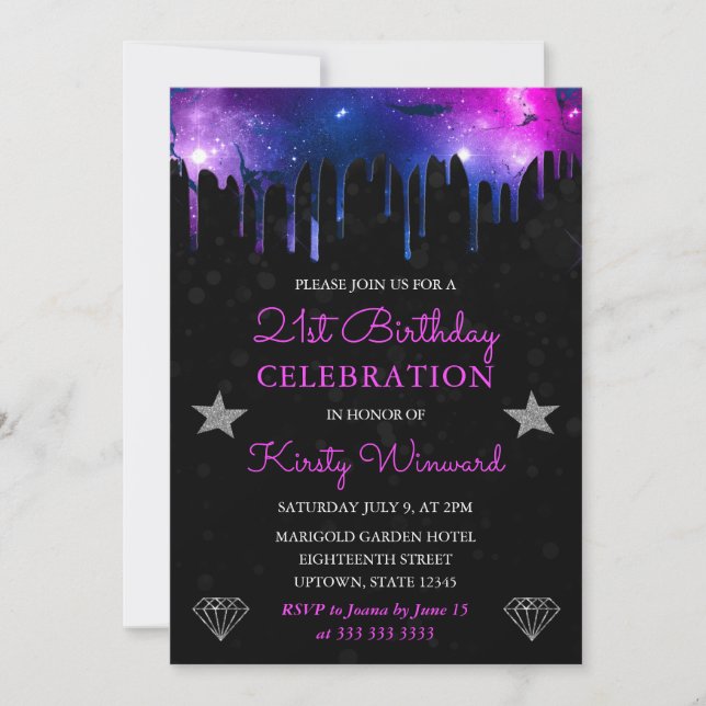 Invitation Galaxie bleue et violette Marbre 21e anniversaire (Devant)