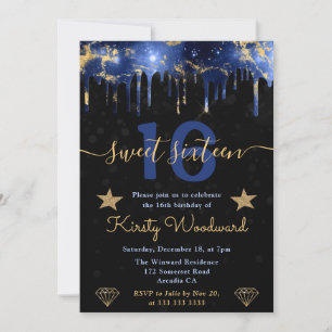 Invitation Galaxie Marbre Bleu et Or Sweet Sixteen